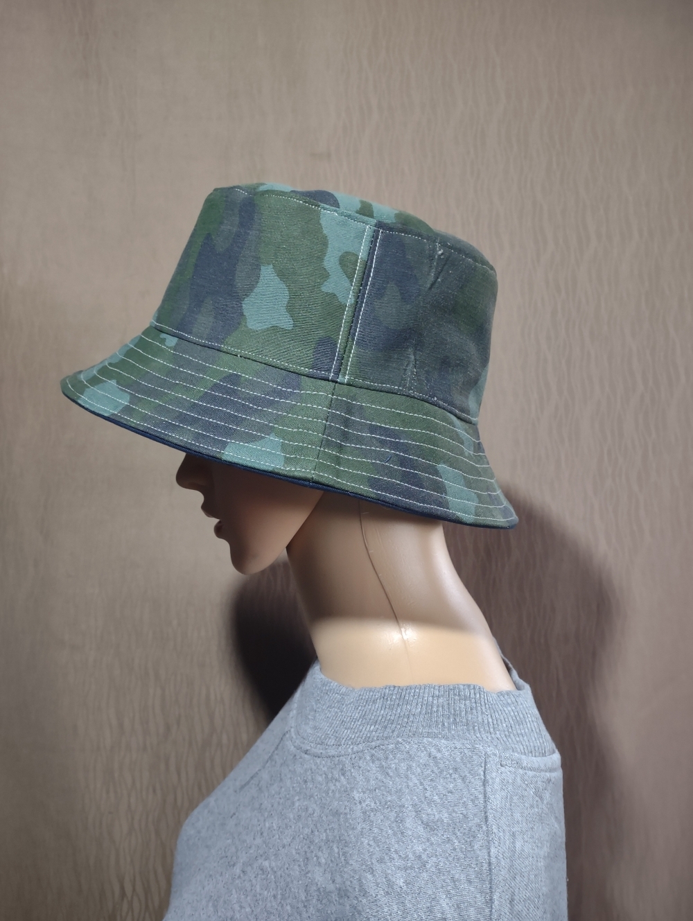 Handmade Upcycled Reversible Navy & Green Camo Bucket Hat - Picture 5 of 13
